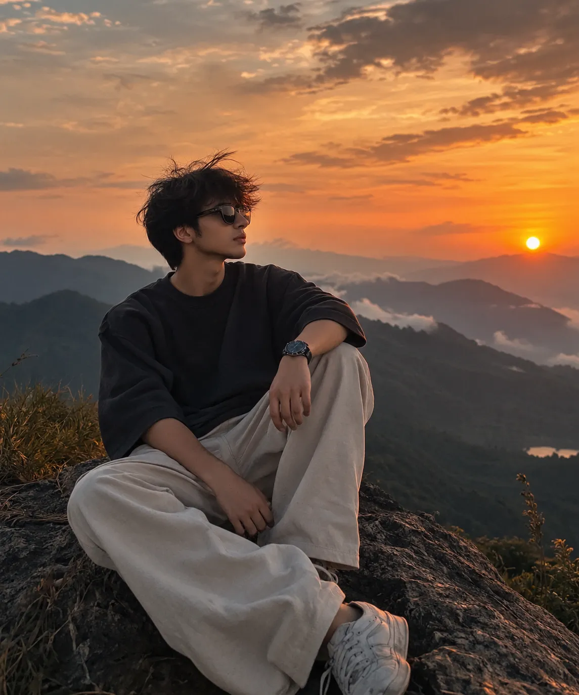Mẫu ảnh AI Chân dung nam - Tạo ảnh AI nam ngắm hoàng hôn trên núi – Ảnh chill, cinematic cực đẹp