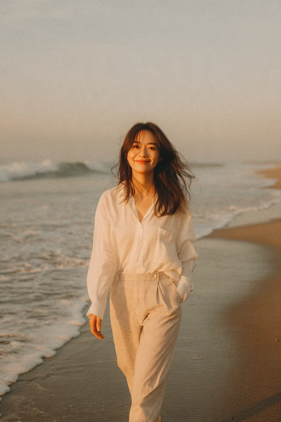 Mẫu ảnh AI Chân dung nữ - Tạo Ảnh AI Cô Gái Đi Biển – Phong Cách Vintage Hoàng Hôn