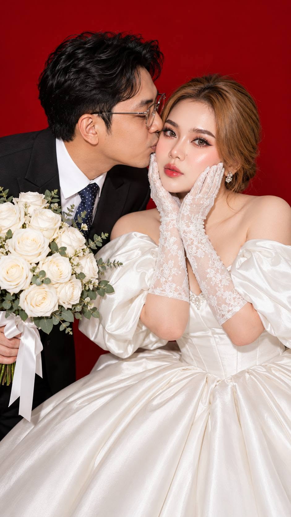 Mẫu ảnh AI Tạo Ảnh Cưới AI Lãng Mạn – Cô Dâu Chú Rể Hôn Nhau Trên Nền Đỏ - Ảnh Cưới