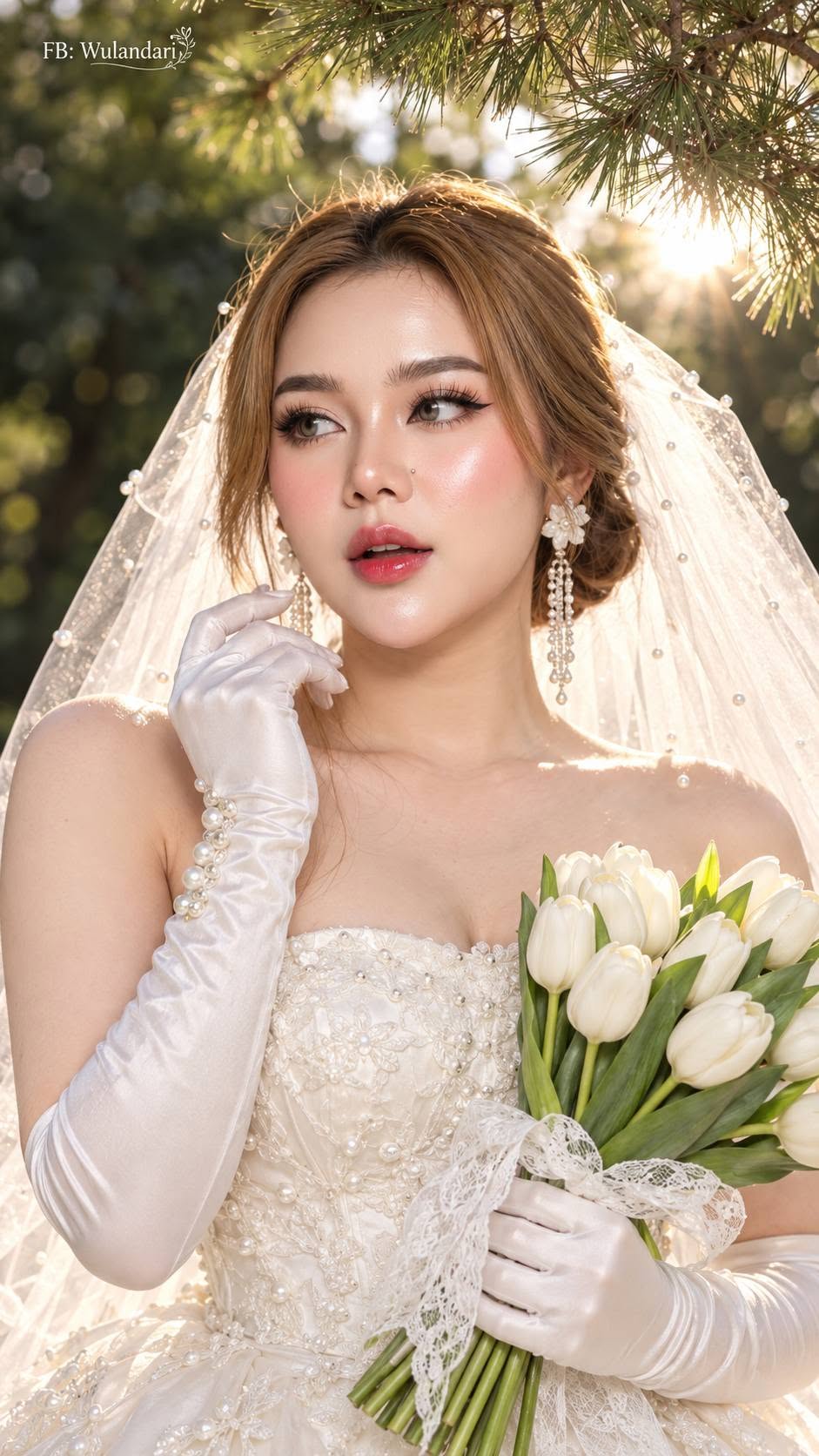 Mẫu ảnh AI Tạo Ảnh Cô Dâu Váy Cưới Trắng Và Hoa Tulip Đẹp - Ảnh Cưới