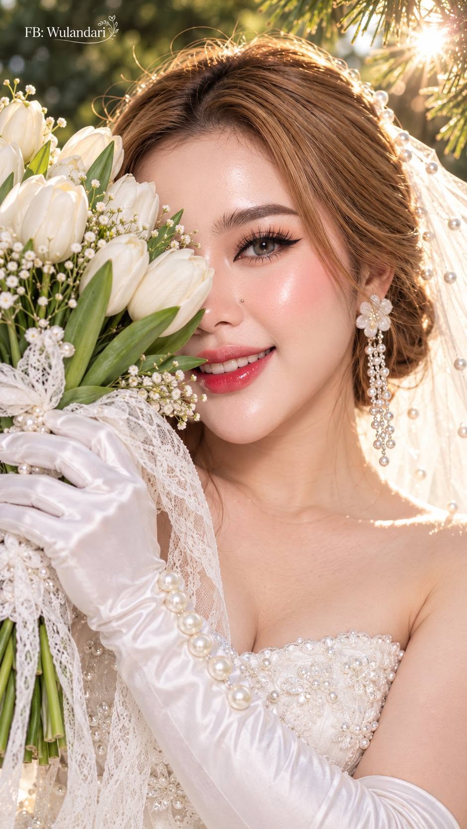 Mẫu ảnh AI Tạo Ảnh Cô Dâu Rạng Rỡ Bên Bó Tulip Trắng - Ảnh Cưới