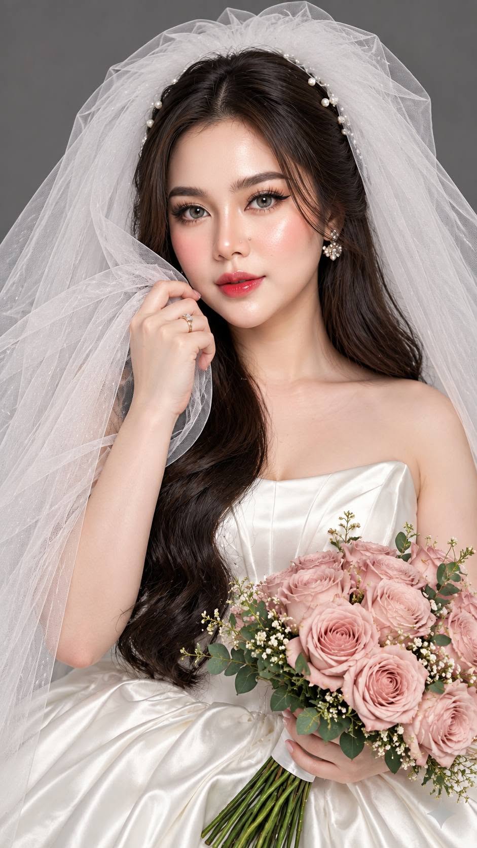 Mẫu ảnh AI Tạo Ảnh Cô Dâu Váy Trắng Cầm Hoa Hồng Hồng - Ảnh Cưới