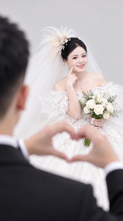 Mẫu ảnh AI Tạo Ảnh Cô Dâu Dịu Dàng Trong Khoảnh Khắc Trái Tim Yêu Thương - Ảnh Cưới