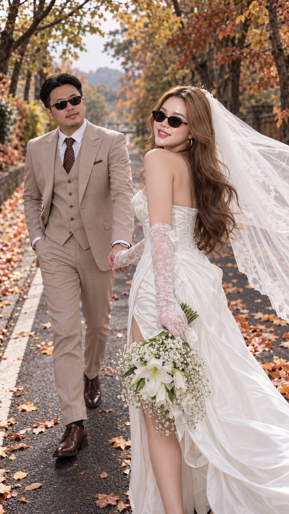 Mẫu ảnh AI Tạo Ảnh Cưới Cô Dâu Chú Rể Dạo Bước Giữa Rừng Thu - Ảnh Cưới