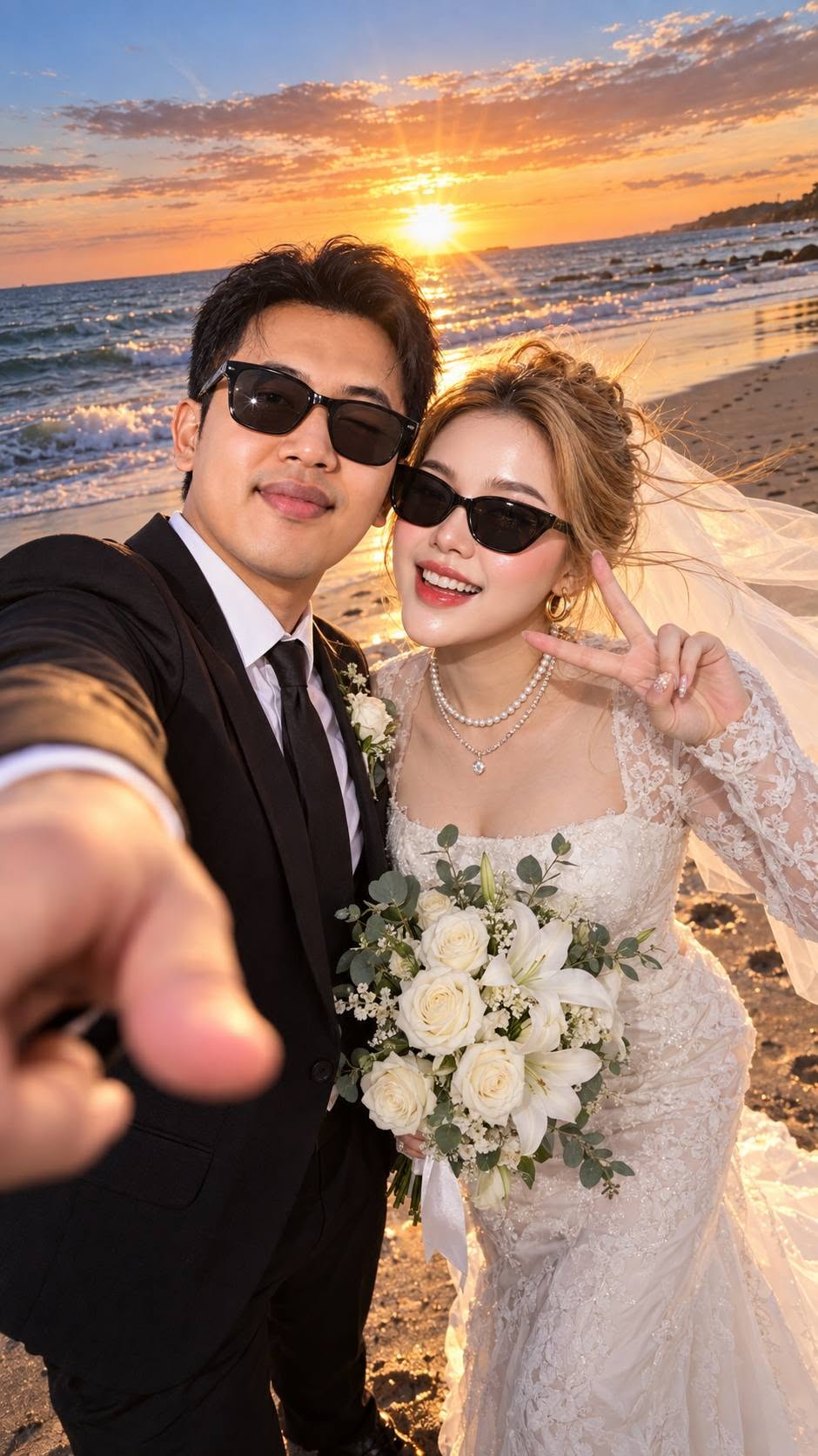 Mẫu ảnh AI Tạo Ảnh Cưới AI Selfie – Ảnh Cô Dâu Chú Rể Lãng Mạng Bên Biển - Ảnh Cưới