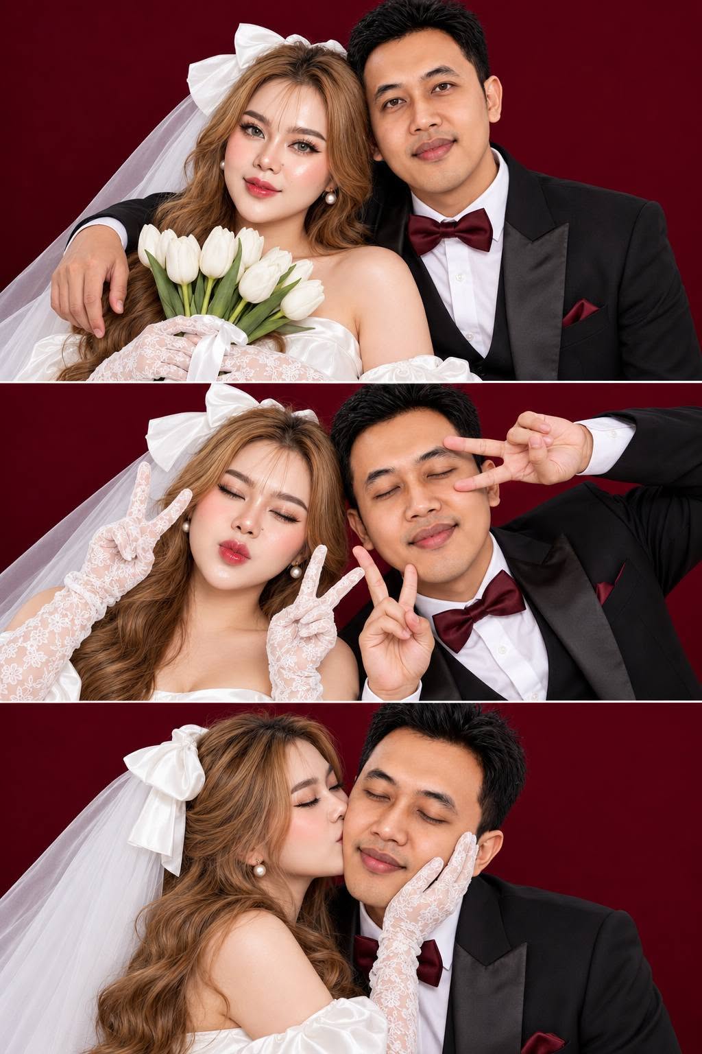 Mẫu ảnh AI Ảnh Cưới AI 3 Khung Đỏ Đỏ – Cô Dâu Chú Rể Dễ Thương - Ảnh Cưới