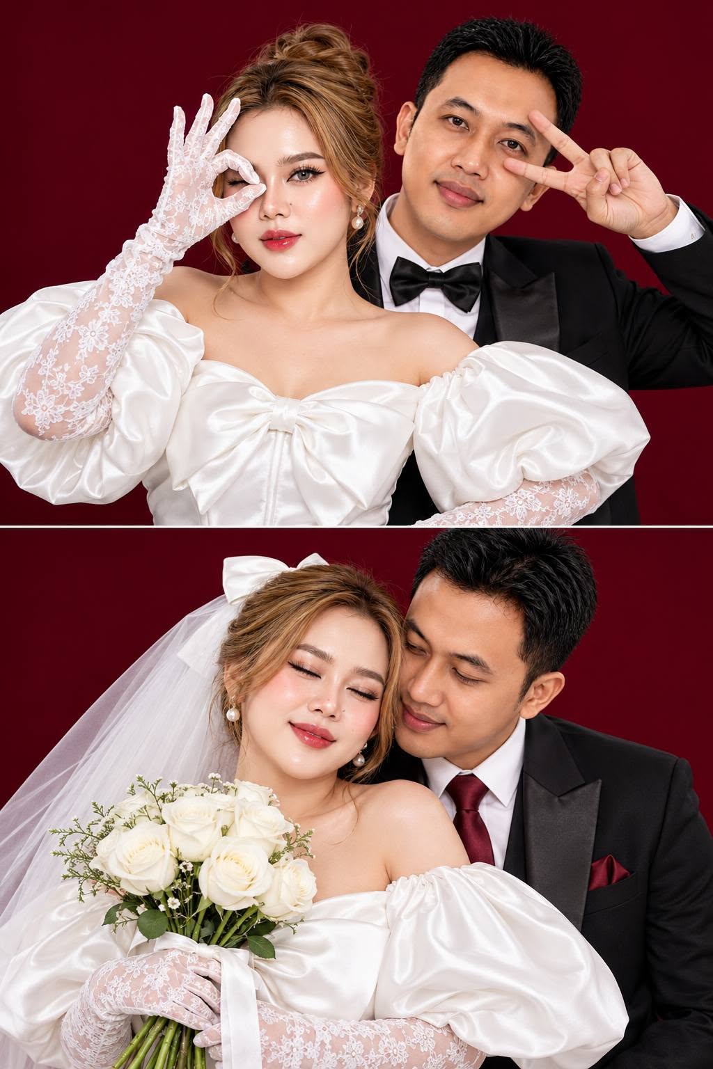 Mẫu ảnh AI Tạo Ảnh Cưới AI Nền Đỏ – Cô Dâu Chú Rể Sang Trọng, Dễ Thương - Ảnh Cưới