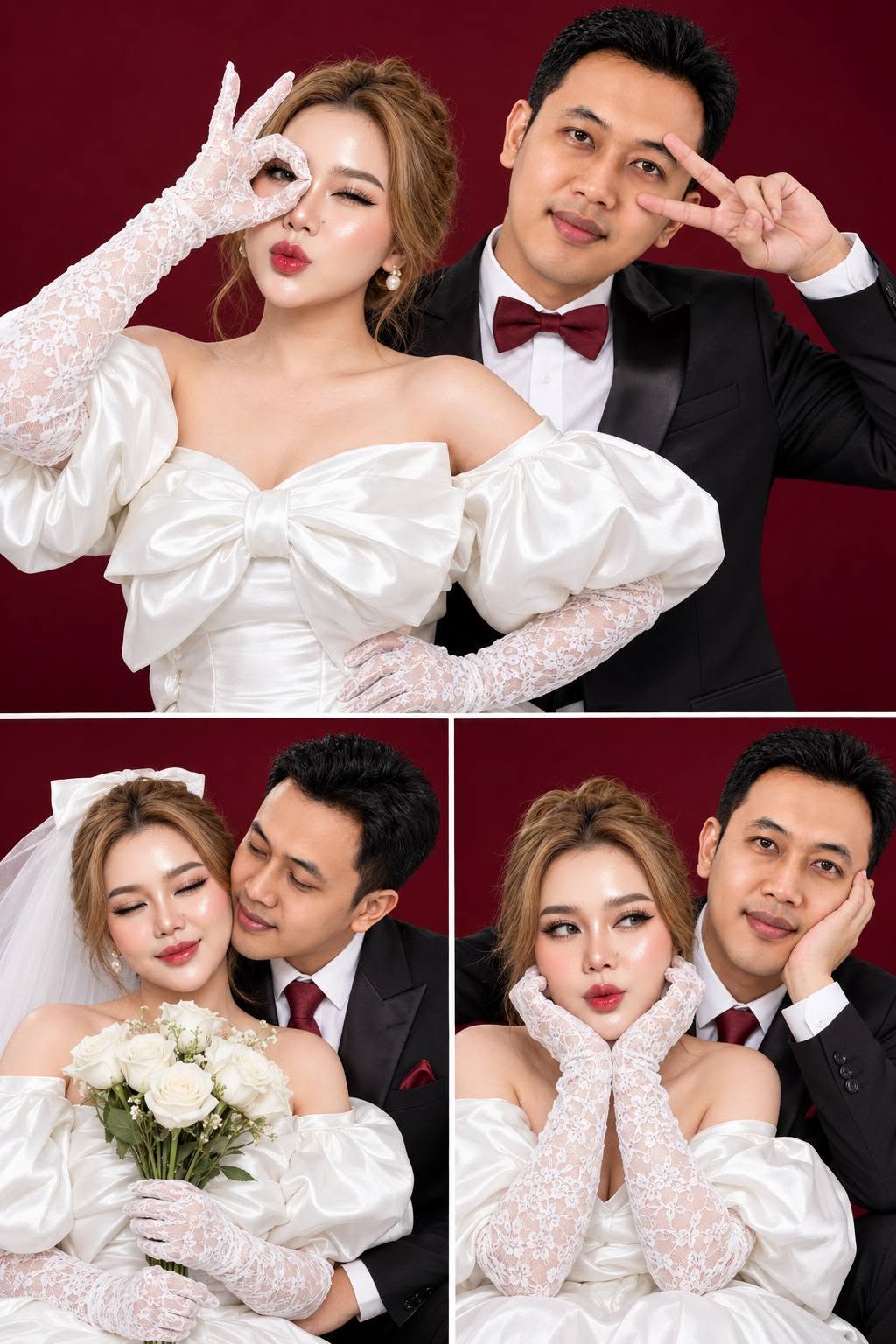 Mẫu ảnh AI Ghép Mặt Ảnh Cưới AI Nền Đỏ 4 Khung – Cô Dâu Chú Rể Sang Trọng - Ảnh Cưới