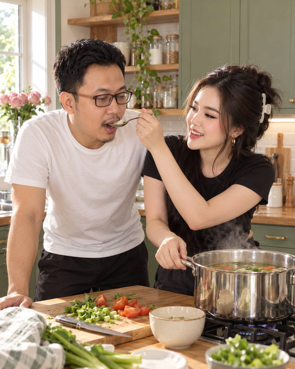 Mẫu ảnh AI Tạo Ảnh Cặp Đôi Nấu Ăn – Concept Couple Đời Thường, Tình Cảm - Cặp đôi