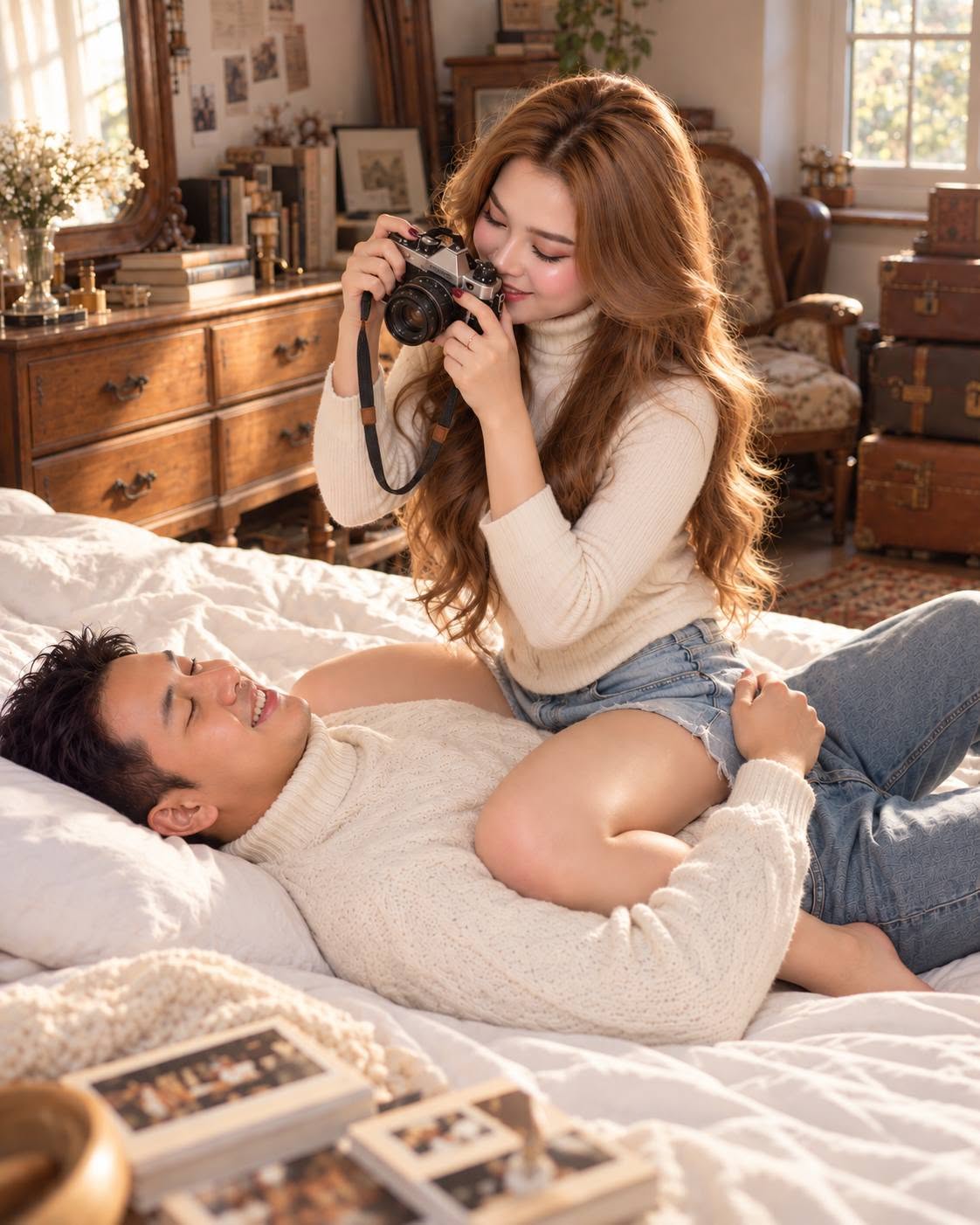 Mẫu ảnh AI Tạo Ảnh Cặp Đôi Trong Phòng Ngủ – Concept Couple Lãng Mạn, Tự Nhiên - Cặp đôi