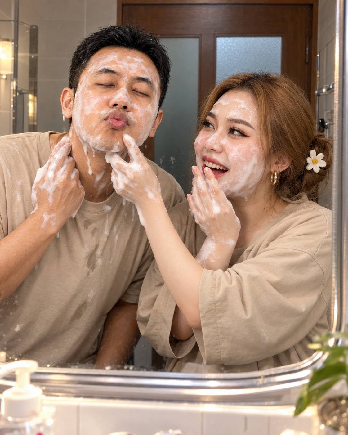 Mẫu ảnh AI Tạo Ảnh Cặp Đôi Rửa Mặt – Concept Couple Đời Thường, Dễ Thương - Cặp đôi