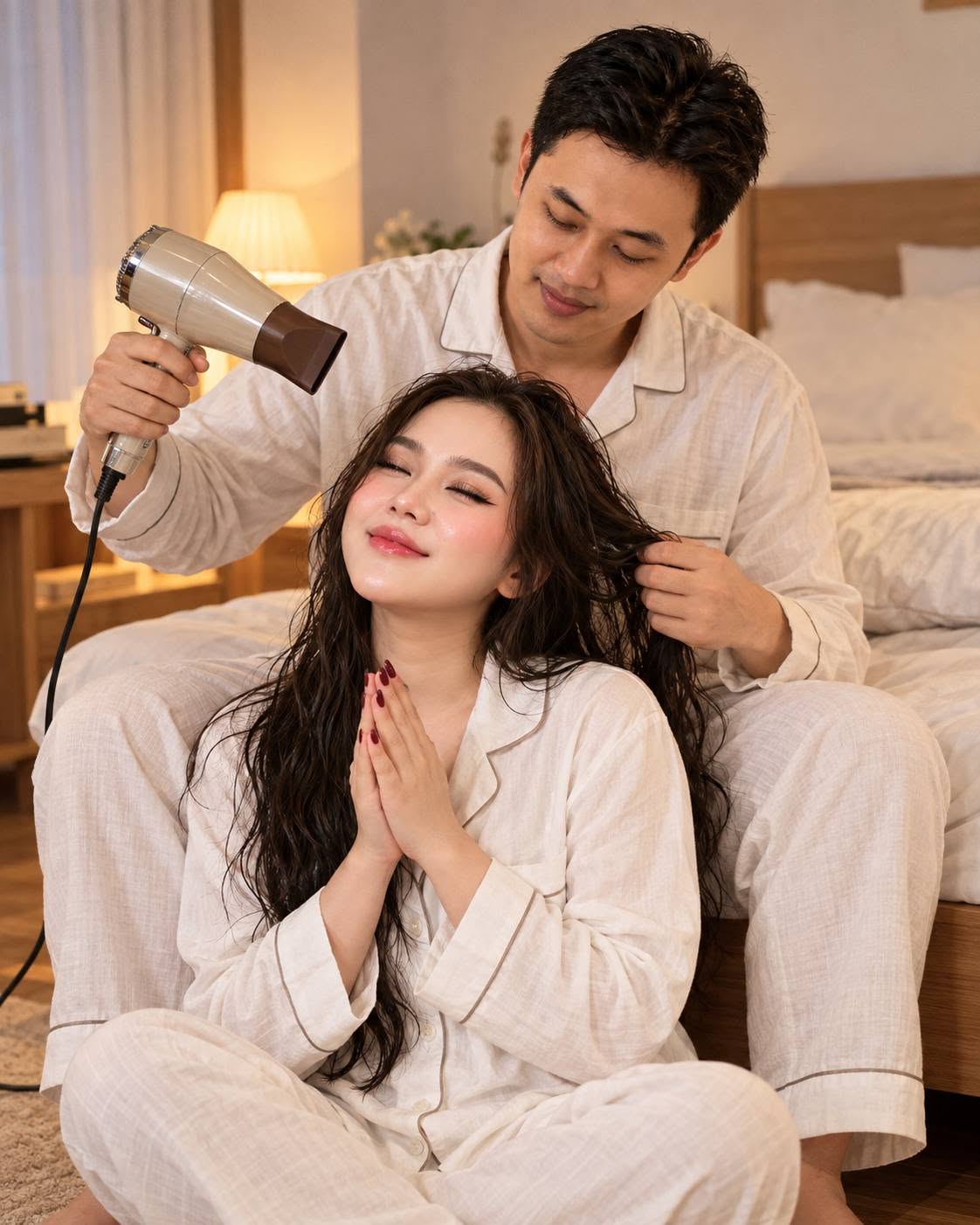Mẫu ảnh AI Tạo Ảnh Cặp Đôi Sấy Tóc – Concept AI Couple Lãng Mạn, Ấm Áp - Cặp đôi