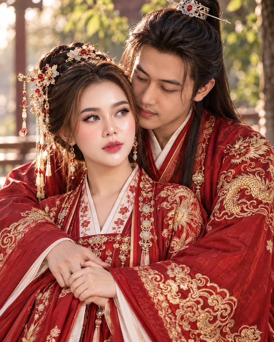 Mẫu ảnh AI Tạo Ảnh Cổ Trang Trung Hoa – Cặp Đôi Áo Đỏ Cổ Điển, Lãng Mạn - Cặp đôi