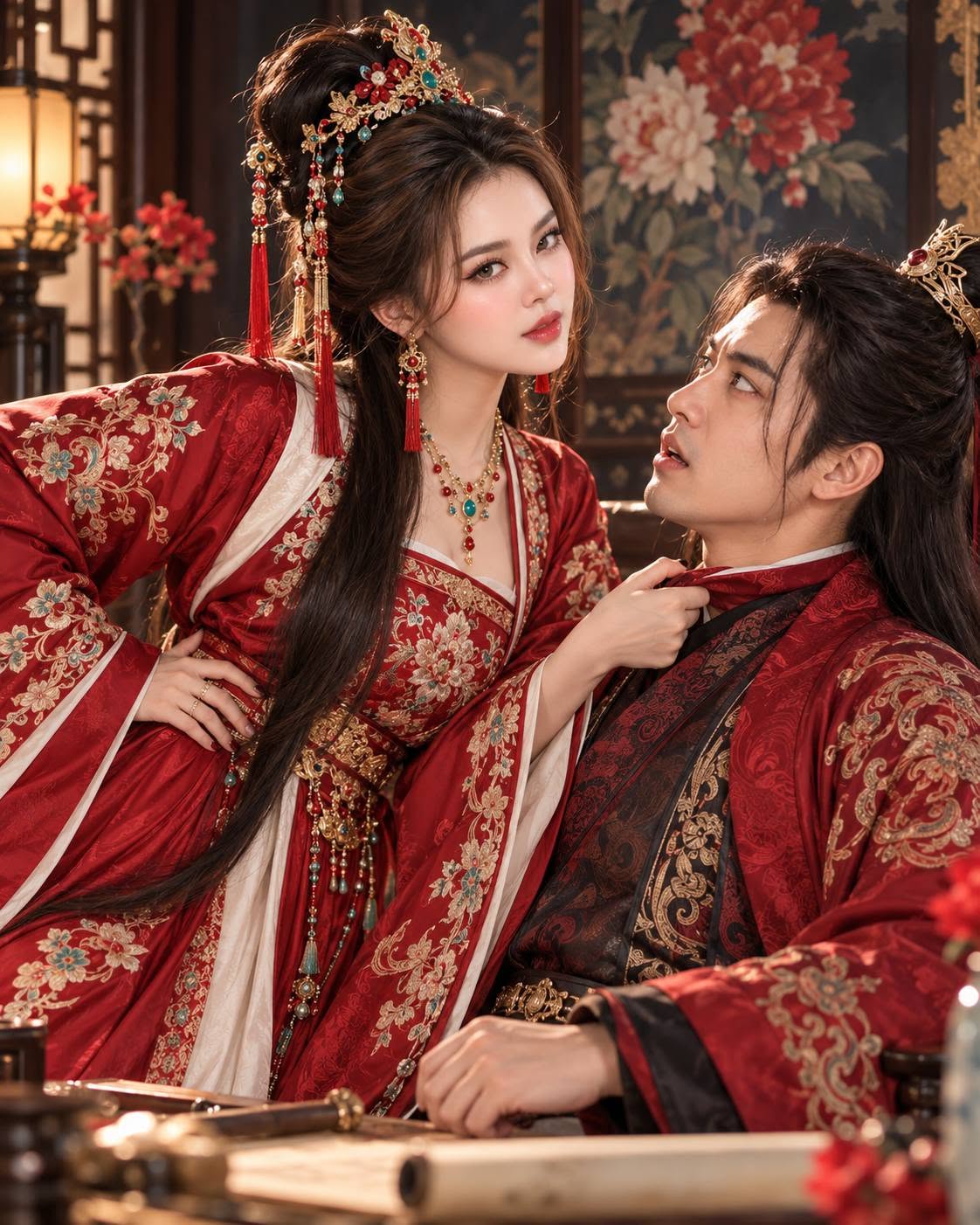 Mẫu ảnh AI Tạo Ảnh AI Cổ Trang Trung Hoa – Cặp Đôi Áo Đỏ Lãng Mạn, Quyến Rũ - Cặp đôi