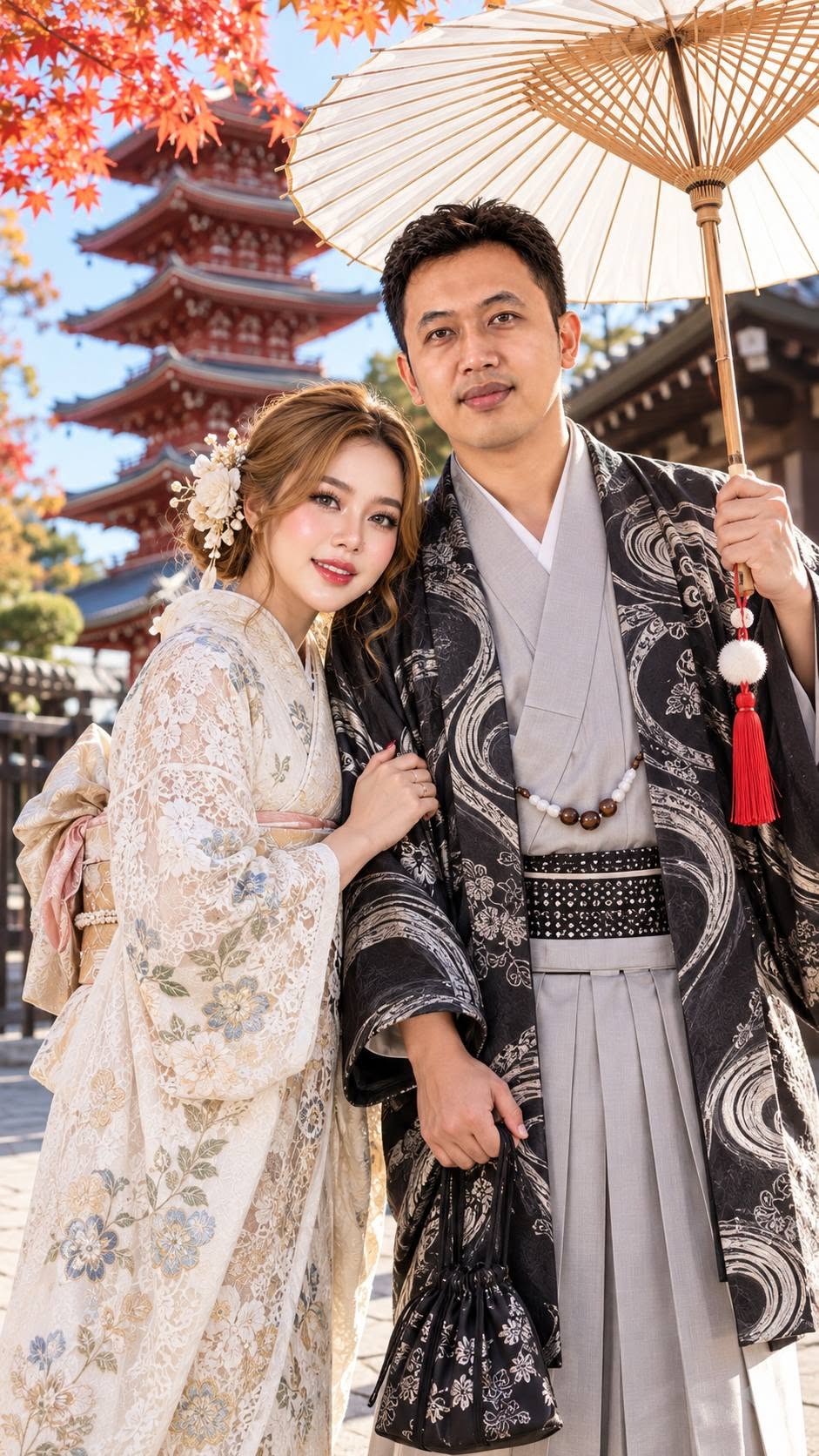 Mẫu ảnh AI Tạo ảnh AI cặp đôi Nhật Bản mặc Kimono – Ảnh đôi lãng mạn mùa thu - Cặp đôi