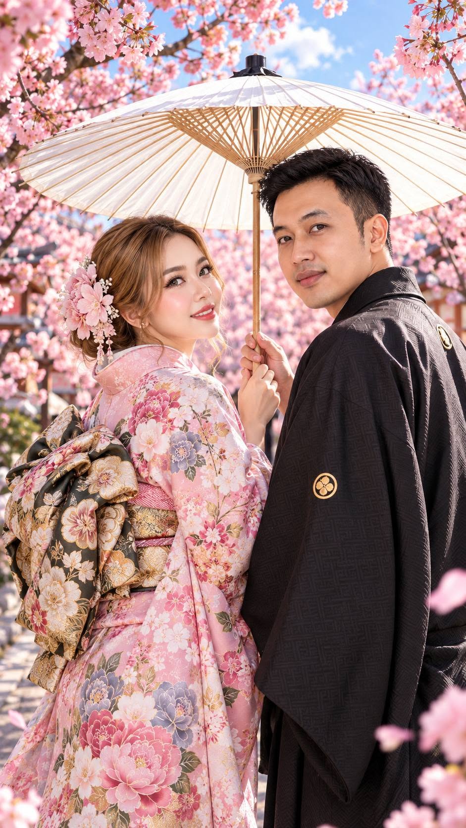 Mẫu ảnh AI Tạo Ảnh AI Cặp Đôi Nhật Bản Mùa Hoa Anh Đào – Kimono Couple - Cặp đôi