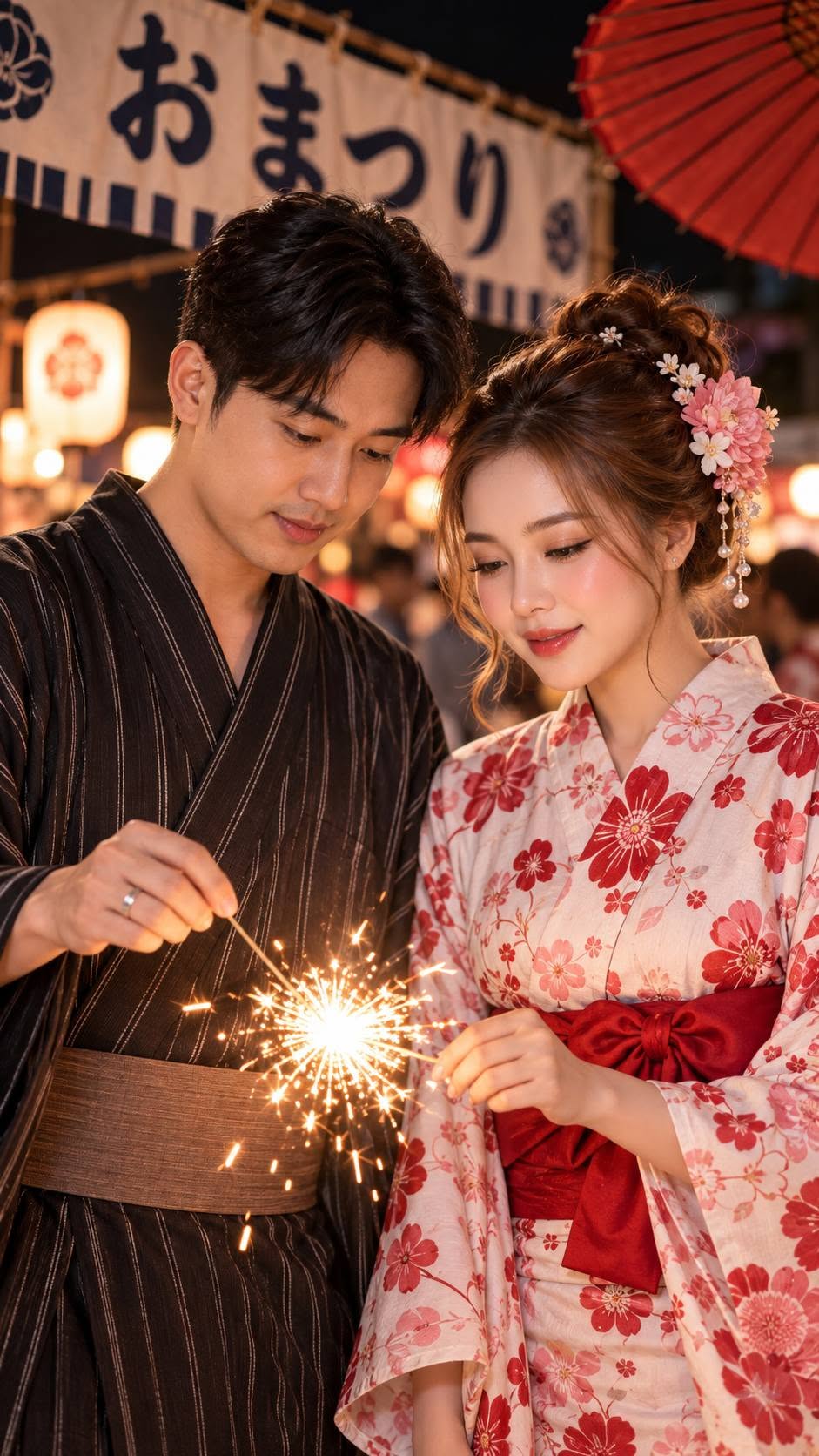 Mẫu ảnh AI Tạo Ảnh AI Cặp Đôi Nhật Bản Mặc Yukata – Lễ Hội Đêm Nhật Bản - Cặp đôi