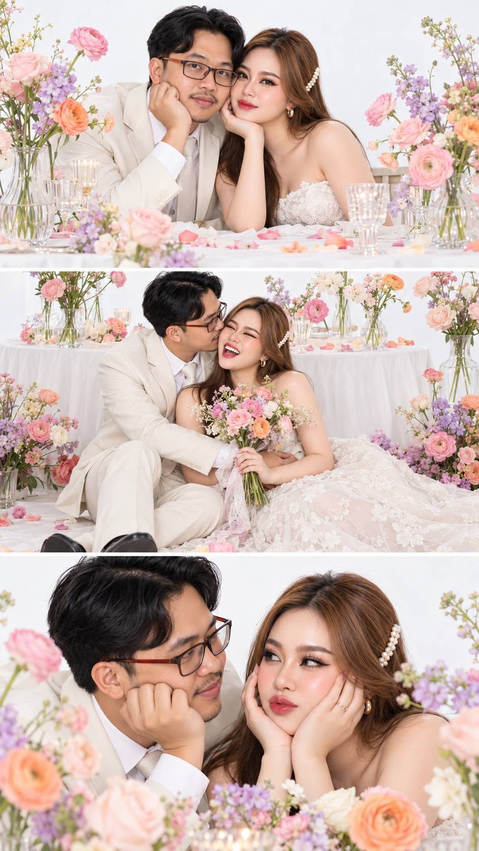 Mẫu ảnh AI Tạo Ảnh AI Cặp Đôi Cưới 3 Khung – Ảnh Cưới Lãng Mạn Cùng Hoa - Ảnh Cưới