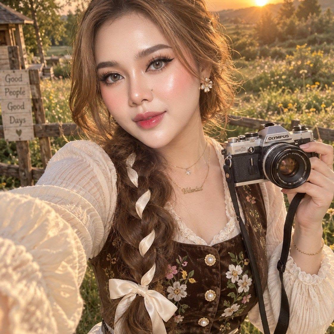 Mẫu ảnh AI Tạo Ảnh AI Nàng Thơ Cầm Máy Ảnh – Ảnh Chân Dung Vintage Lãng Mạn - Nàng Thơ