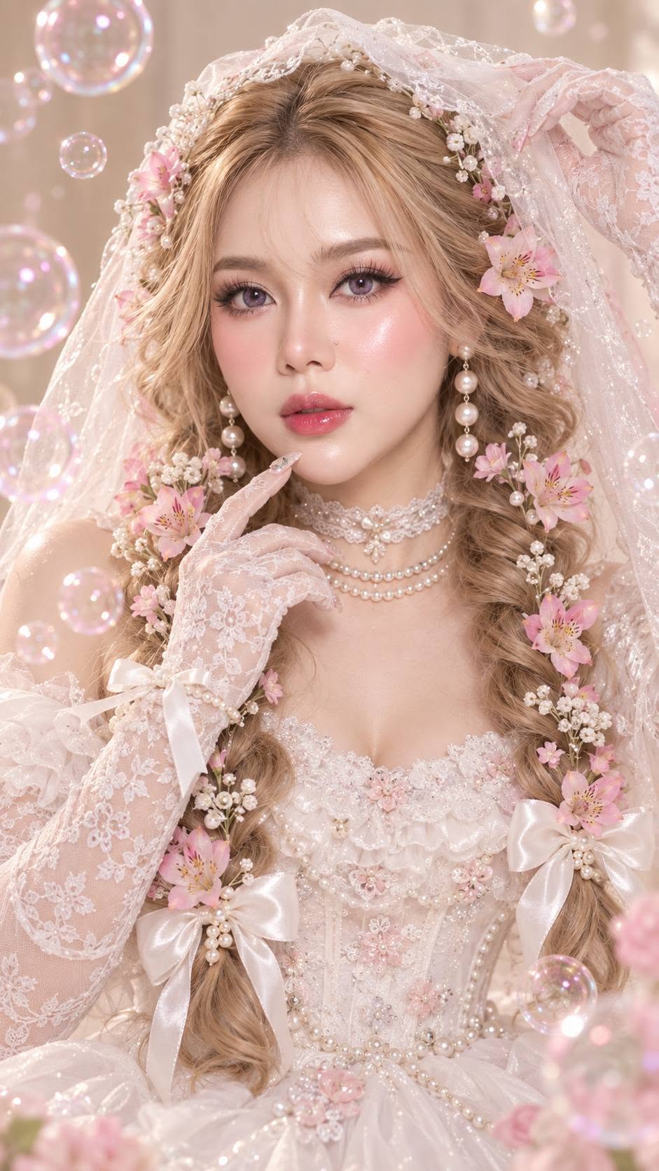 Mẫu ảnh AI Tạo Ảnh AI Cô Dâu Cổ Tích – Váy Cưới Ren, Hoa Anh Đào & Voan Xinh Đẹp - Ảnh Cưới