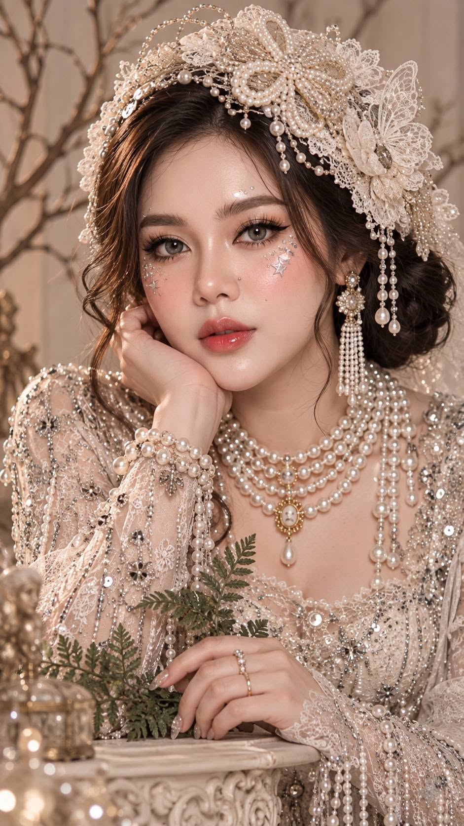 Mẫu ảnh AI Tạo Ảnh AI Cô Dâu Sang Trọng – Váy Ren, Ngọc Trai & Phụ Kiện Cổ Điển - Ảnh Cưới