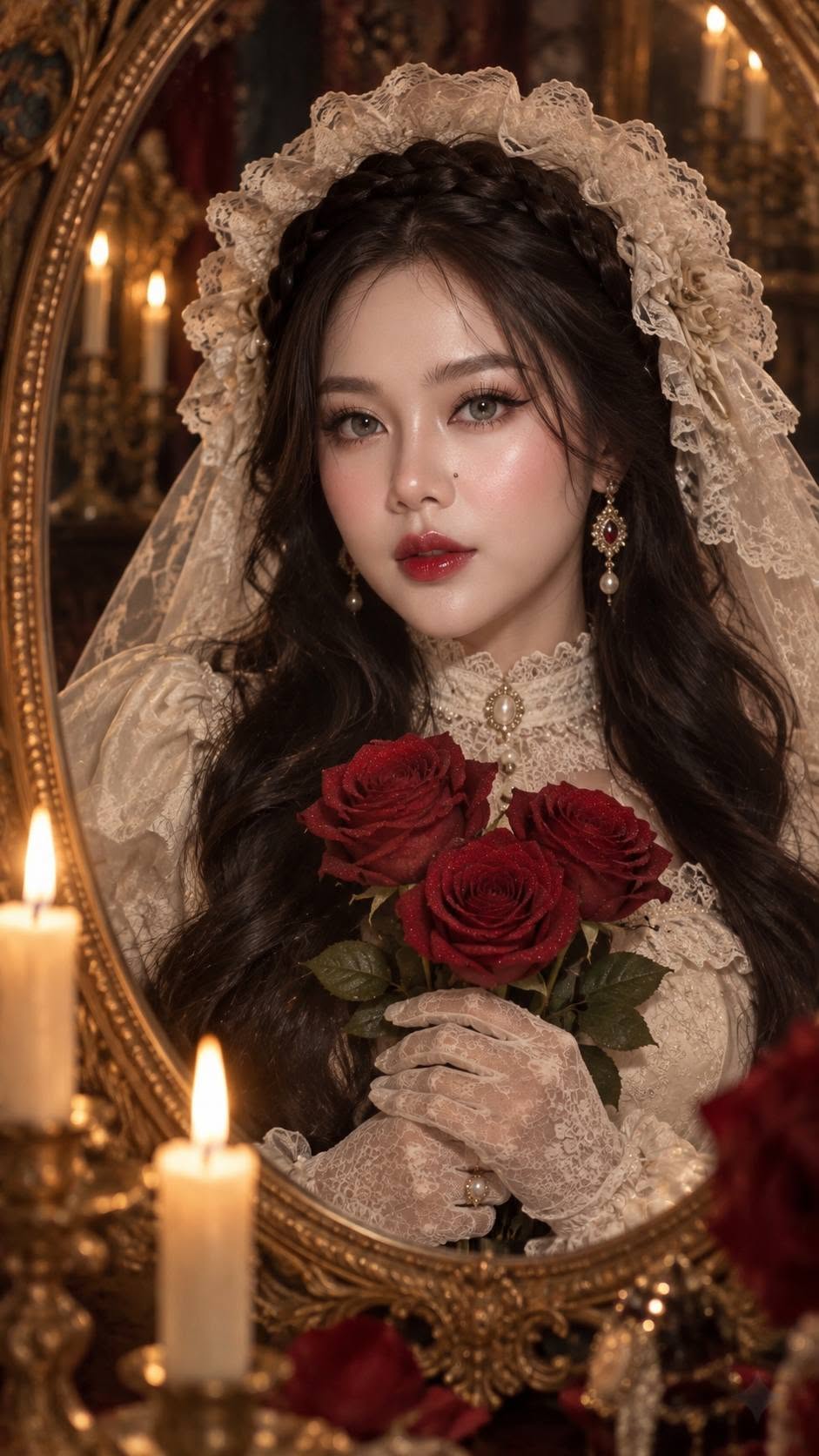 Mẫu ảnh AI Tạo Ảnh AI Cô Dâu Gothic Cổ Điển – Váy Ren, Hoa Hồng Đỏ & Ánh Nến - Ảnh Cưới