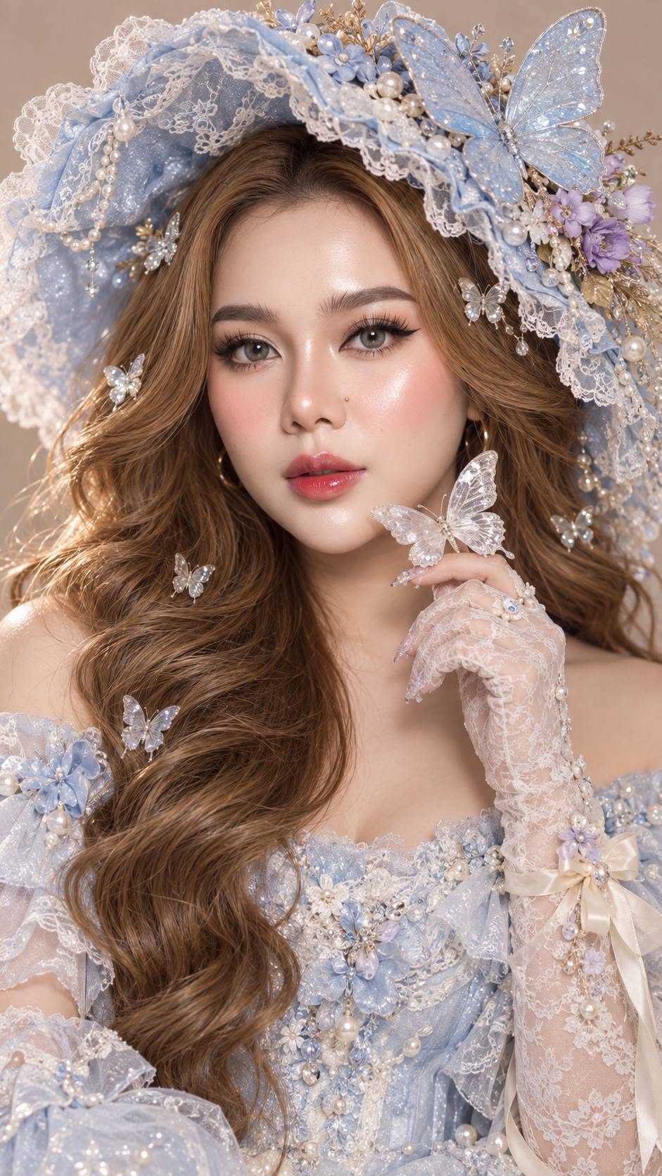 Mẫu ảnh AI Tạo Ảnh Cô Dâu Tiên Nữ – Váy Cưới Xanh Pastel, Hoa & Bướm - Ảnh Cưới