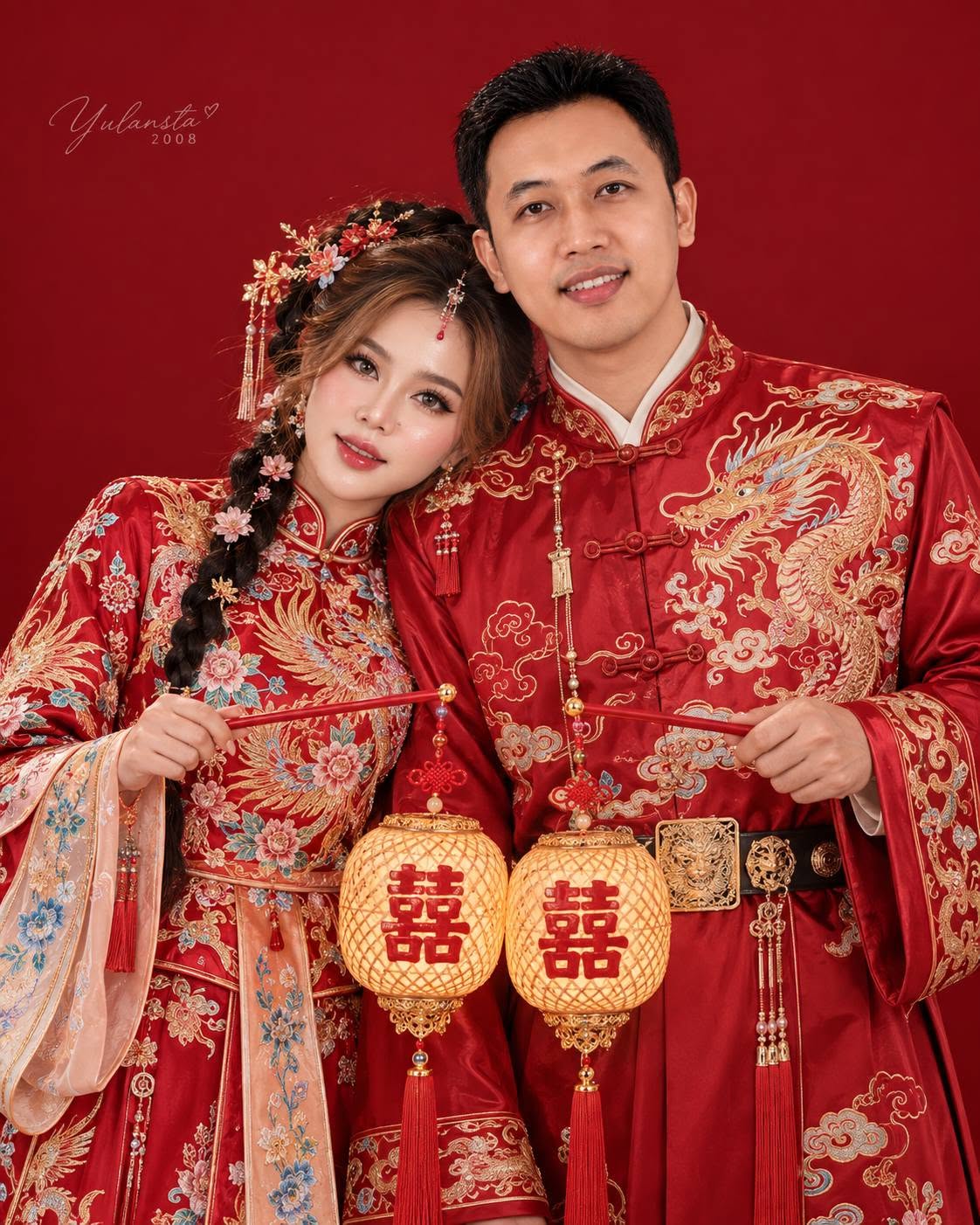 Mẫu ảnh AI Tạo Ảnh Cặp Đôi Áo Cưới Đỏ Trung Hoa – Song Hỷ, Long Phụng & Cổ Trang - Ảnh Cưới