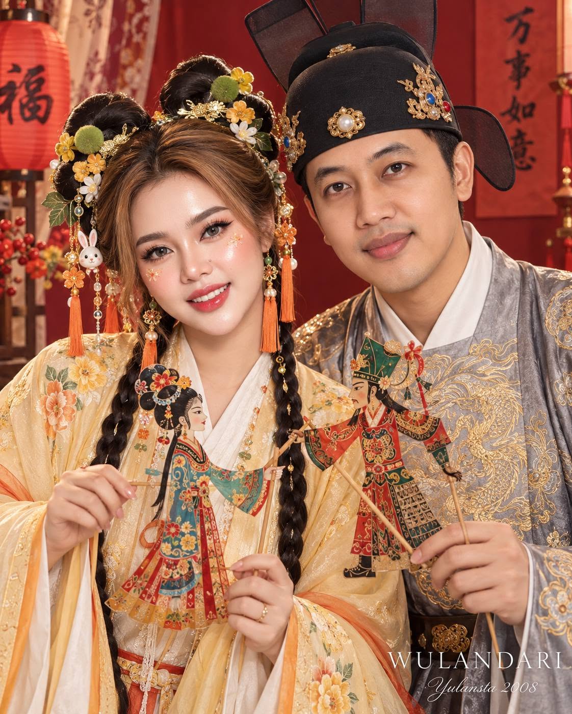 Mẫu ảnh AI Tạo Ảnh Cặp Đôi Cổ Trang Trung Hoa – Hỷ Thần, Trang Phục Hoàng Gia & Múa Rối - Cặp đôi