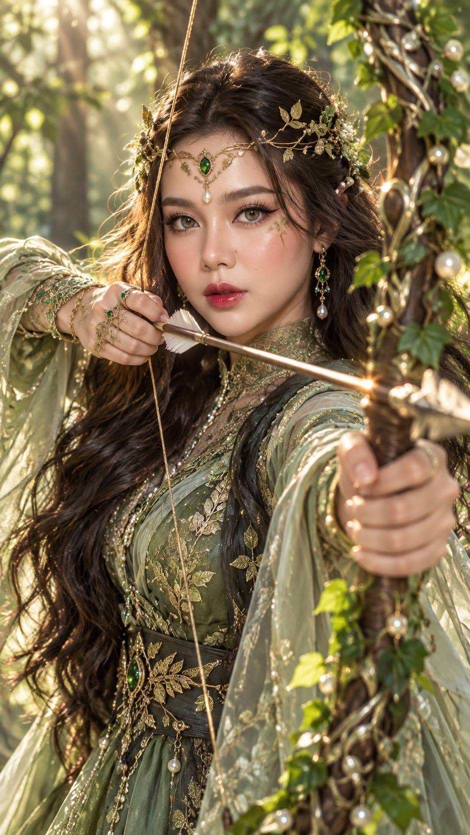 Mẫu ảnh AI Tạo Ảnh AI Nữ Cung Thủ Fantasy | Nàng Thơ Elf Rừng Xanh - Chân dung nữ