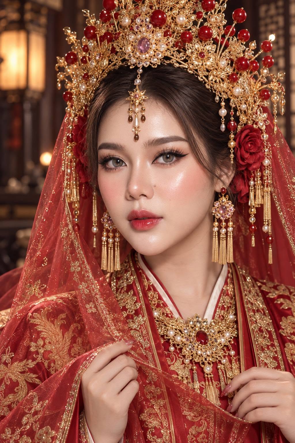 Mẫu ảnh AI Tạo Ảnh Cô Dâu Cổ Trang Trung Hoa | Mỹ Nhân Áo Cưới Đỏ Sang Trọng - Ảnh Cưới