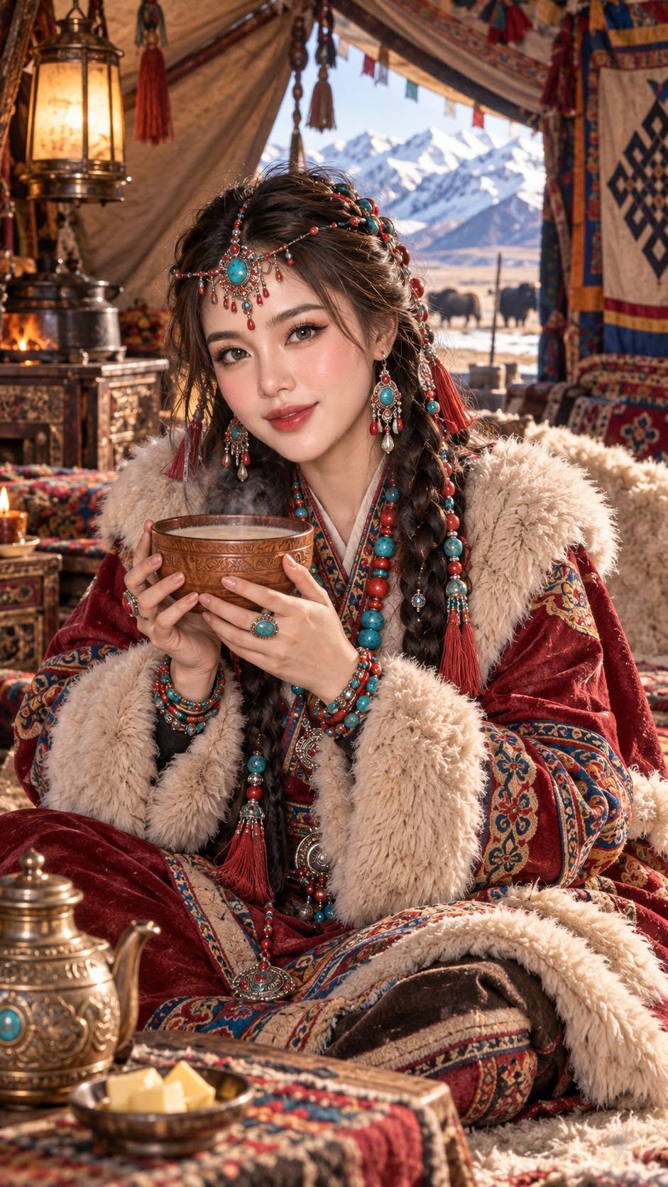 Mẫu ảnh AI Tạo Ảnh AI Nàng Thơ Du Mục | Cô Gái Tây Tạng Fantasy Giữa Núi Tuyết - Nàng Thơ