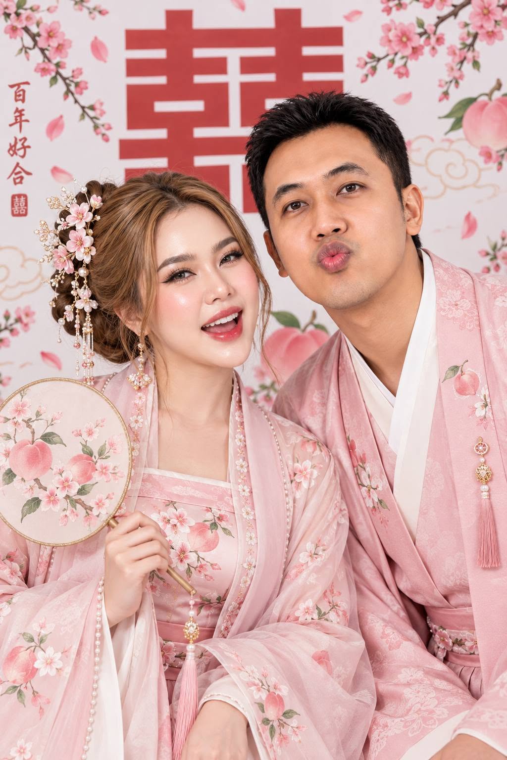 Mẫu ảnh AI Tạo ảnh cặp đôi cổ trang Trung Hoa màu hồng – Ảnh cưới AI ngọt ngào - Ảnh Cưới
