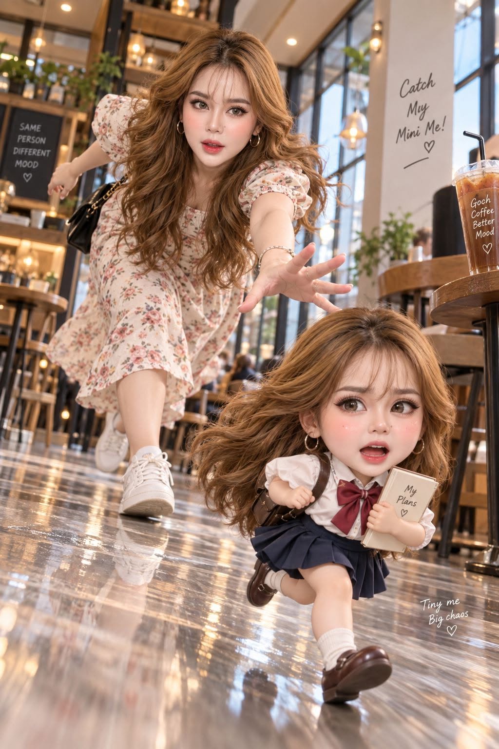 Mẫu ảnh AI Tạo ảnh AI cô gái và phiên bản chibi dễ thương – Ảnh AI phong cách hoạt hình - Ảnh Hài Hước