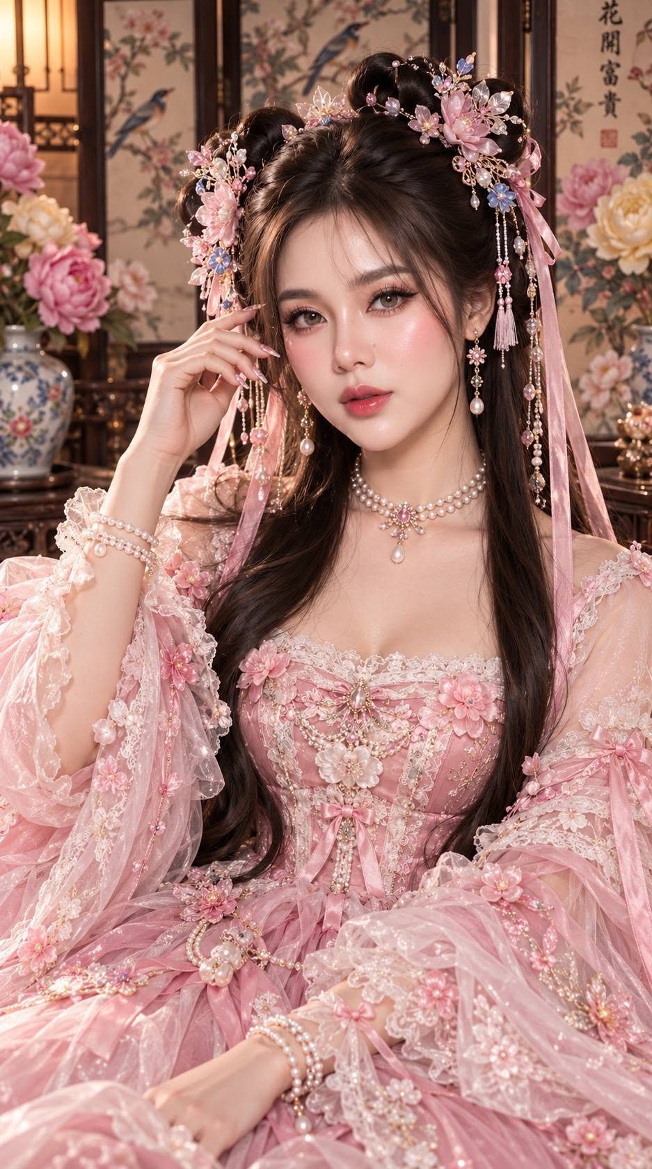 Mẫu ảnh AI Tạo Ảnh AI Cổ Trang Nữ Màu Hồng – Mỹ Nhân Trung Hoa Dịu Dàng, Kiều Diễm - Khác
