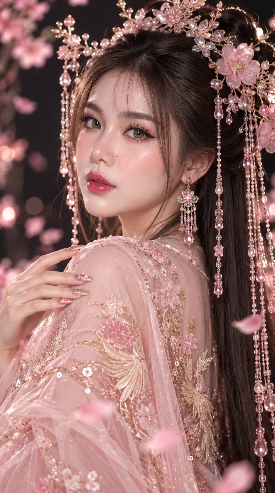 Mẫu ảnh AI Tạo Ảnh AI Cổ Trang Nữ Màu Hồng – Mỹ Nhân Trung Hoa Hoa Đào Lung Linh - Nàng Thơ