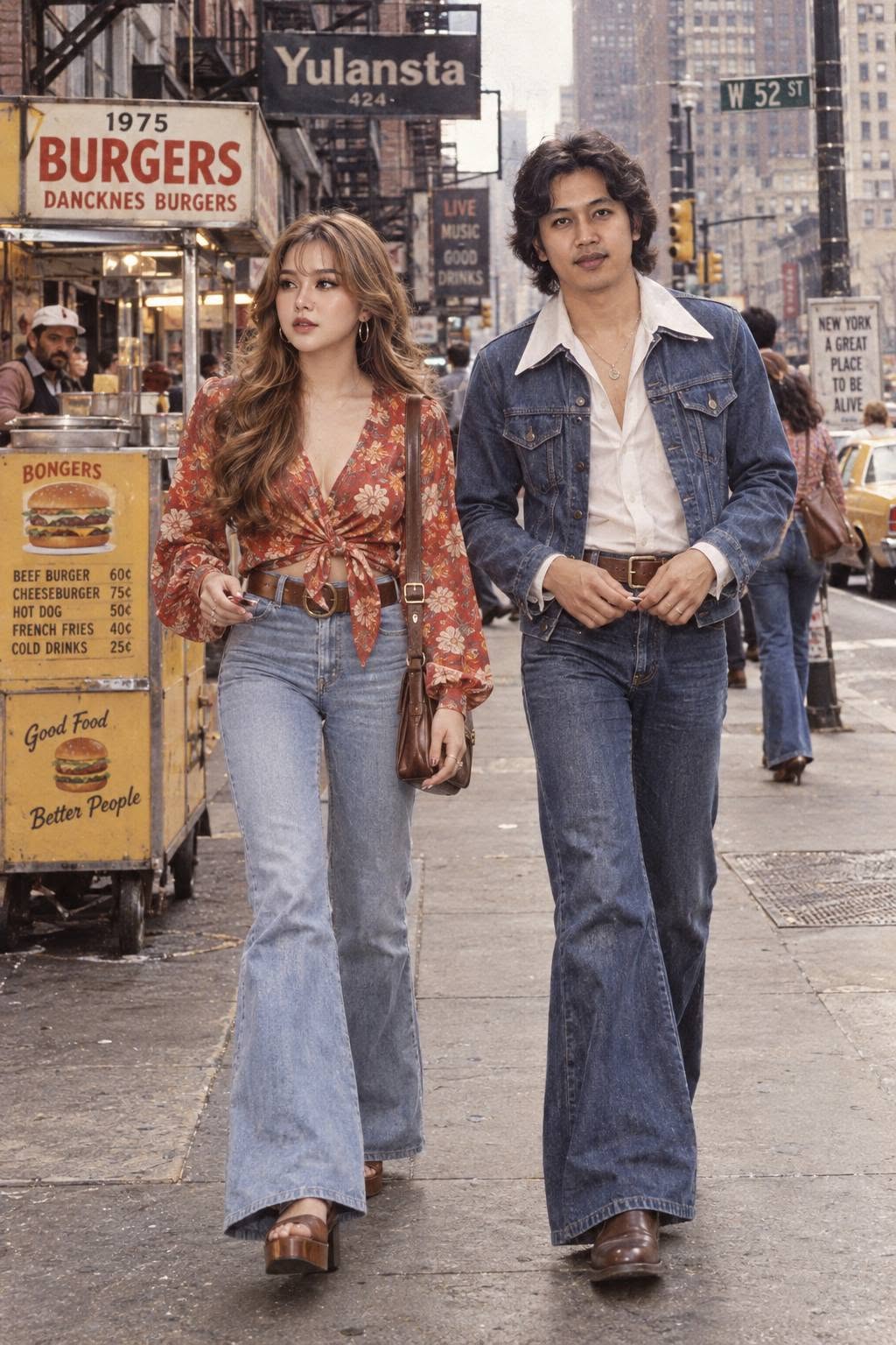 Mẫu ảnh AI Tạo Ảnh Phong Cách Retro 1970s – Ảnh AI Cặp Đôi Thời Trang Vintage New York - Cặp đôi