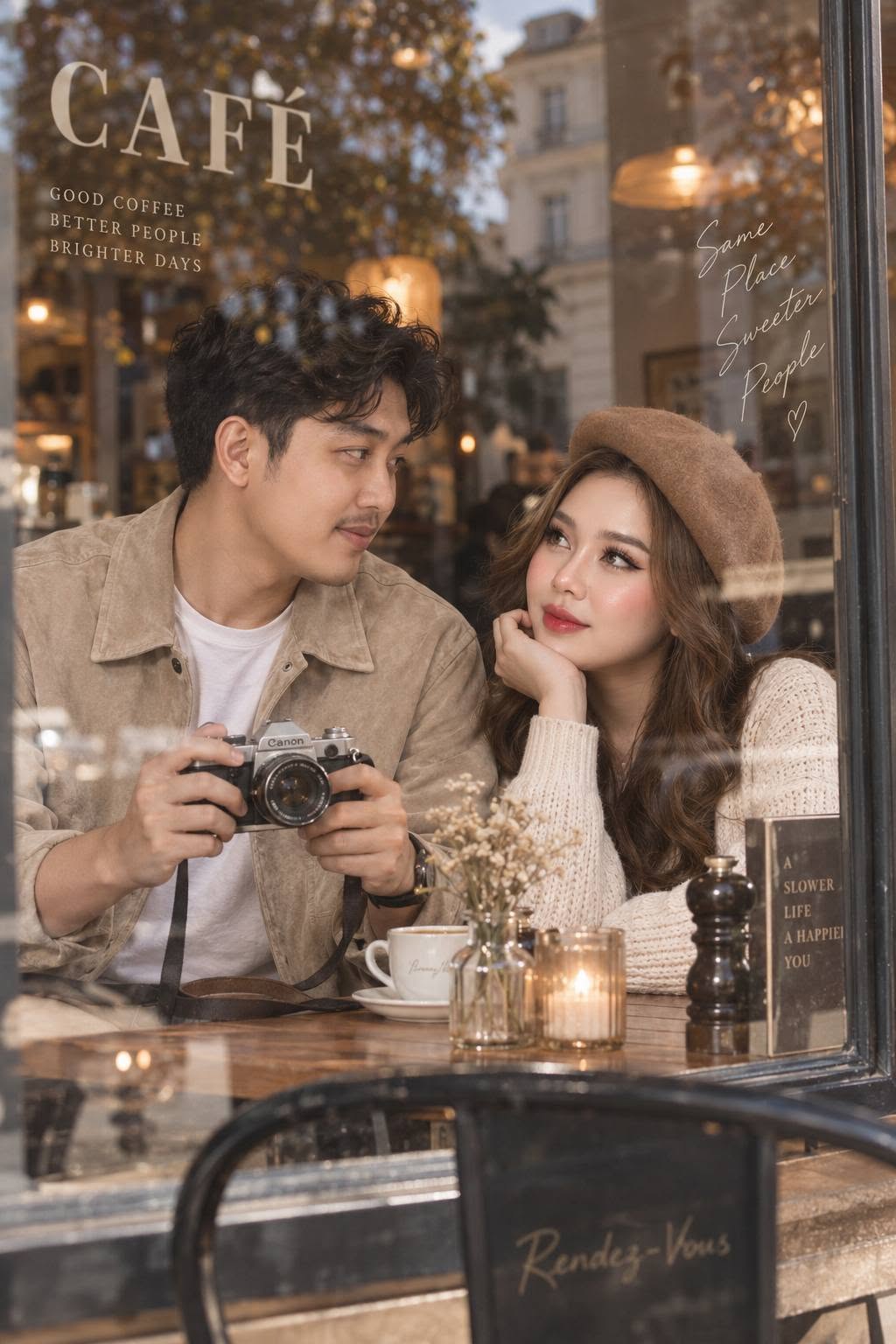 Mẫu ảnh AI Tạo Ảnh AI Cặp Đôi Hẹn Hò Quán Cà Phê Vintage – Phong Cách Lãng Mạn - Cặp đôi