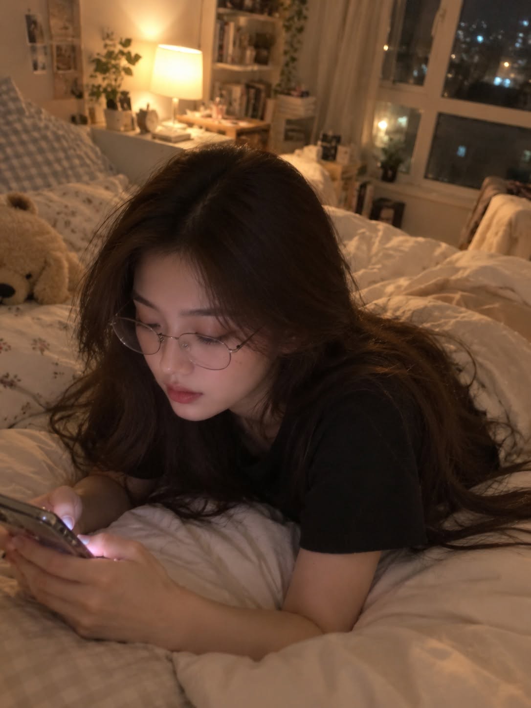Mẫu ảnh AI Tạo Ảnh AI Cô Gái Nằm Trên Giường Dùng Điện Thoại – Ảnh Đời Thường Chân Thực - Nàng Thơ