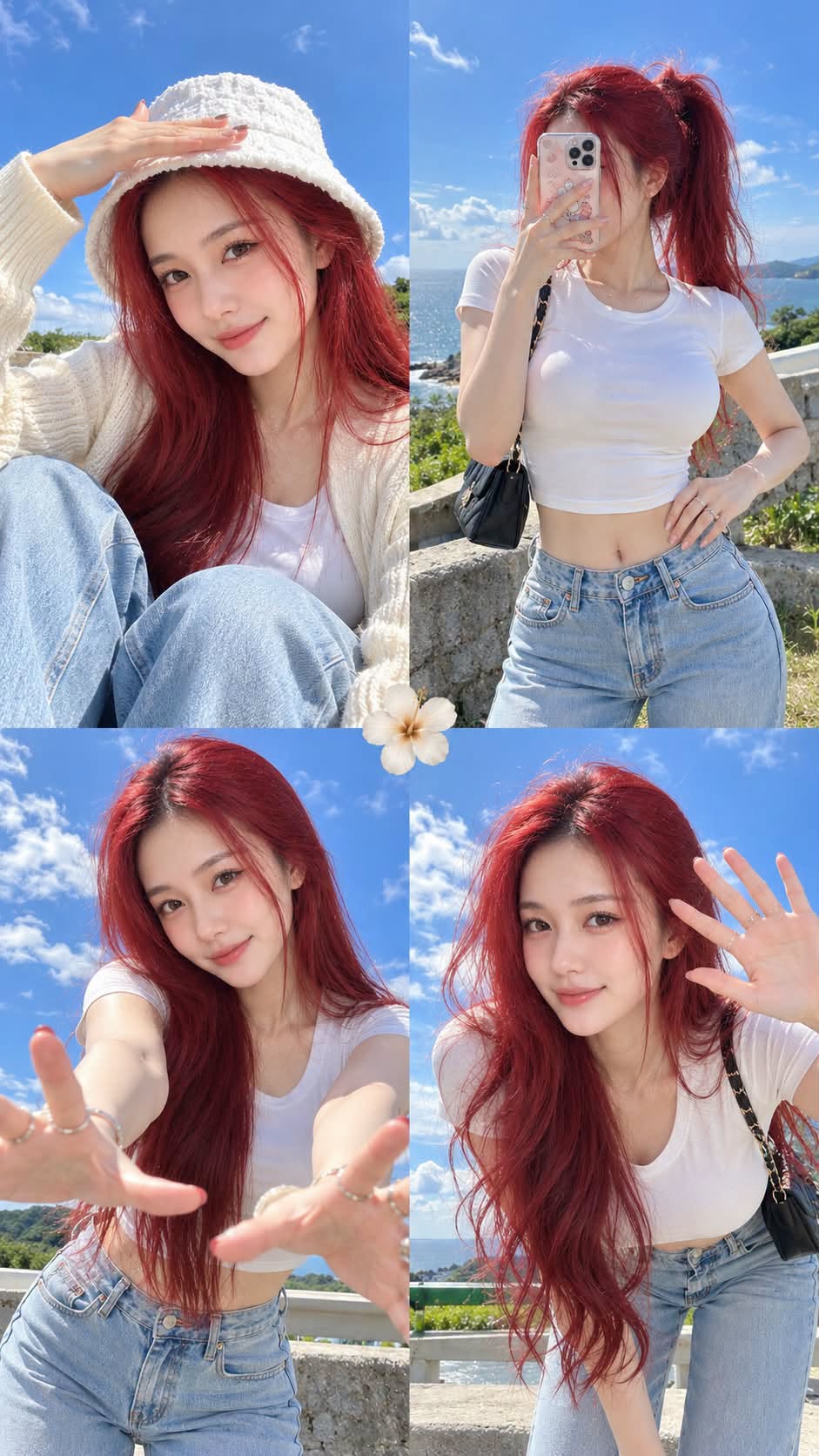 Mẫu ảnh AI Tạo Ảnh Cô Gái Tóc Đỏ Du Lịch Biển – Bộ Ảnh AI Selfie Ngoài Trời - Nàng Thơ