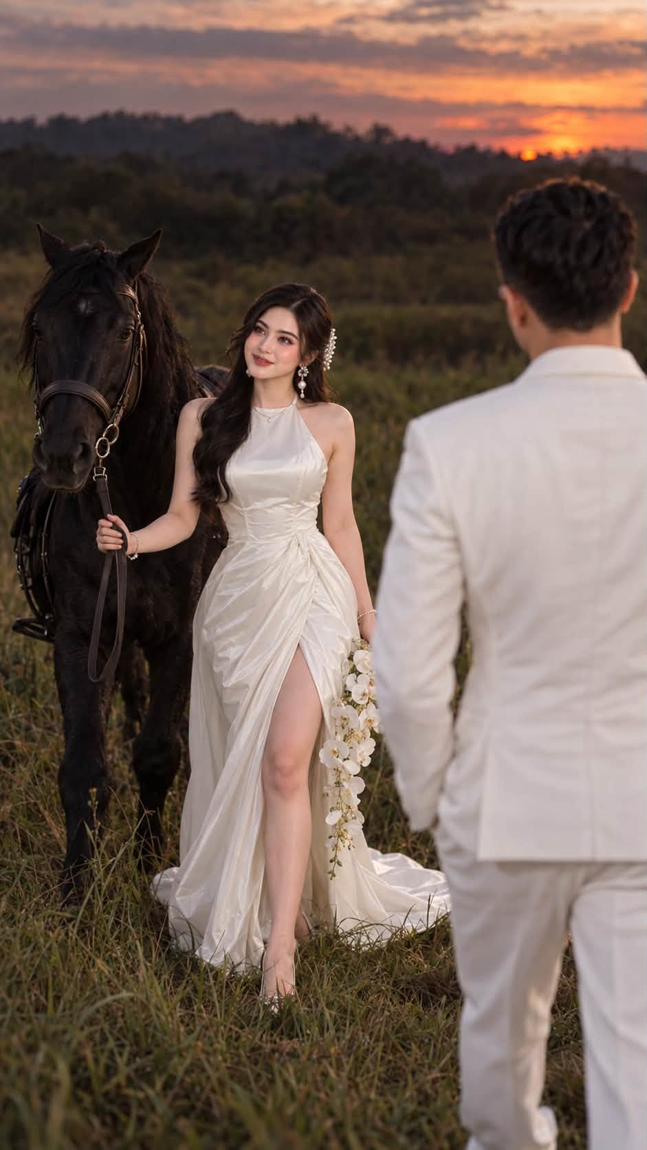 Mẫu ảnh AI Tạo Ảnh Cưới Cô Dâu Bên Ngựa Lúc Hoàng Hôn – Ảnh Cưới AI Lãng Mạn - Ảnh Cưới