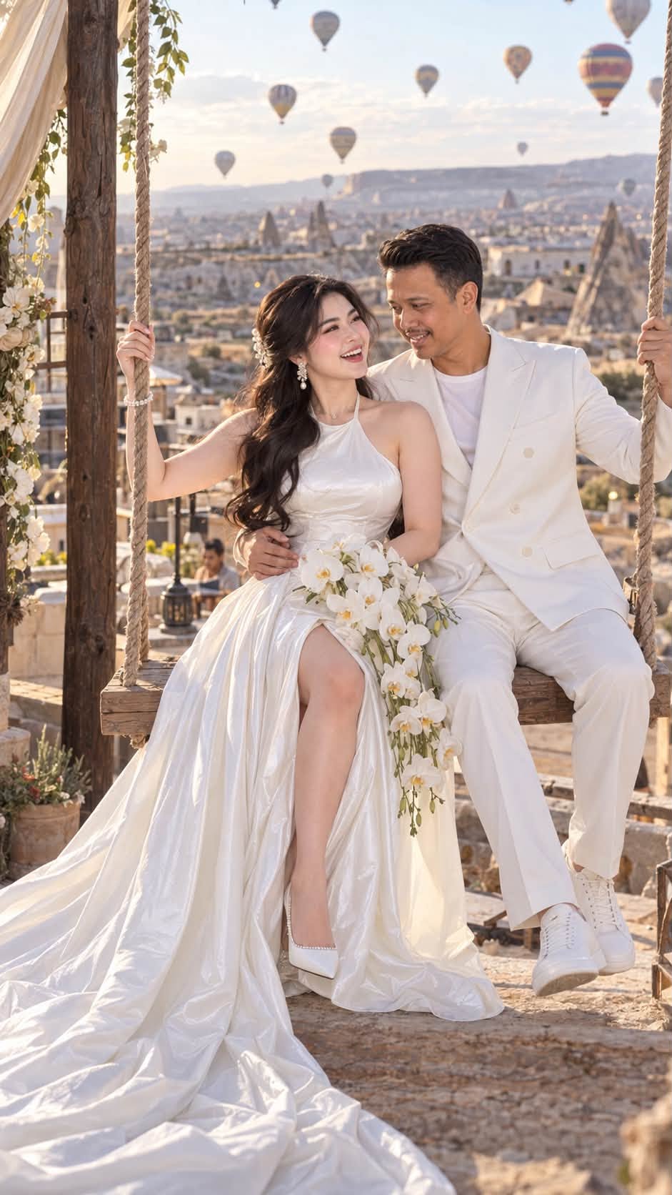 Mẫu ảnh AI Tạo Ảnh AI Cặp Đôi Cưới Trên Xích Đu – Ảnh Cưới Lãng Mạn Giữa Khinh Khí Cầu - Ảnh Cưới