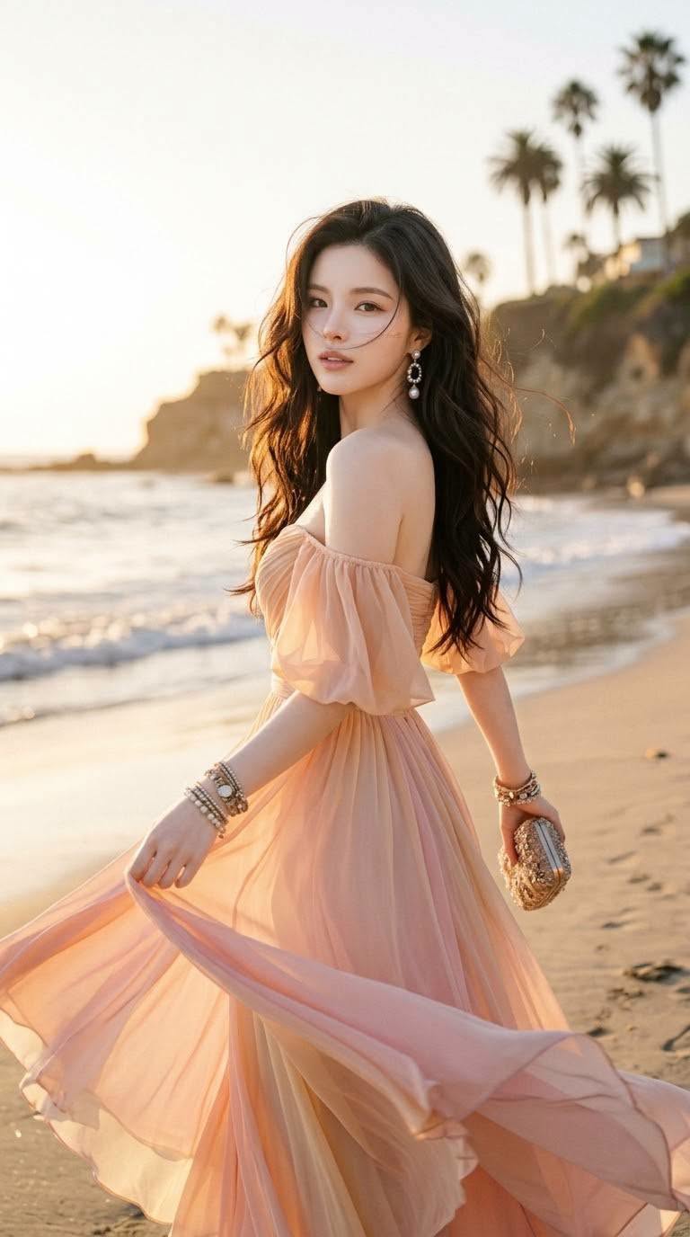 Mẫu ảnh AI Tạo Ảnh Cô Gái Váy Hồng Trên Bãi Biển – Ảnh AI Du Lịch Hoàng Hôn - Nàng Thơ