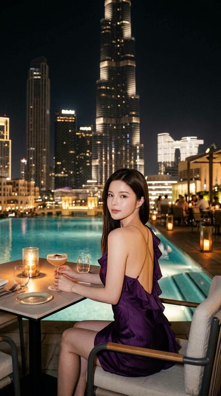Mẫu ảnh AI Tạo Ảnh AI Cô Gái Bên Hồ Bơi Ban Đêm – Phong Cách Sang Trọng - Nàng Thơ