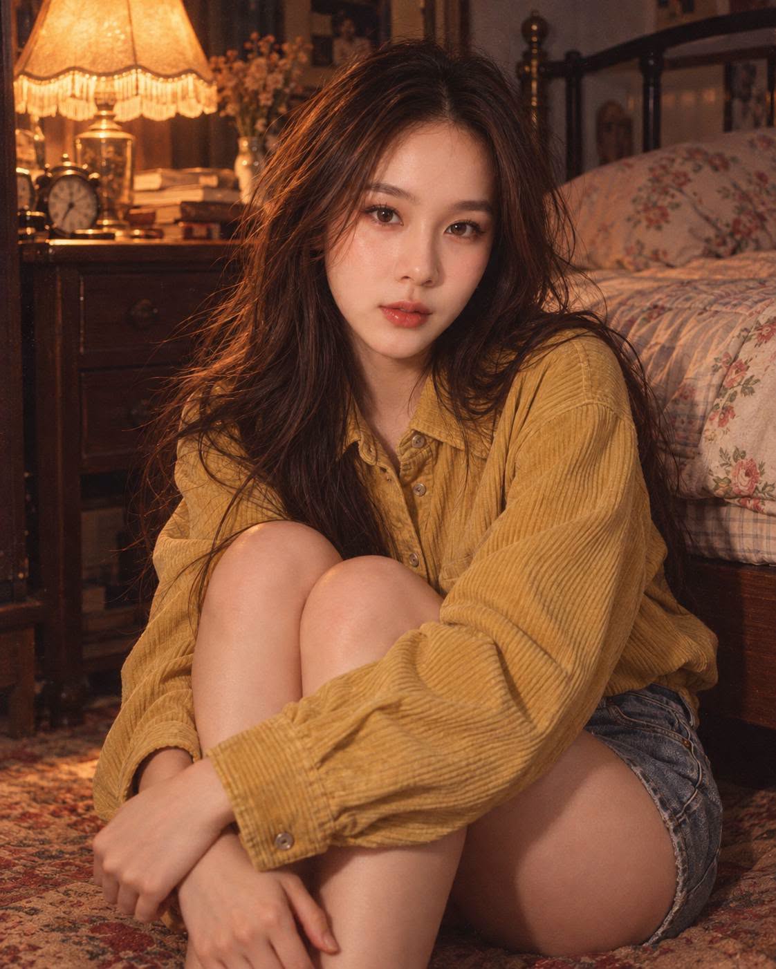 Mẫu ảnh AI Tạo Ảnh Cô Gái Ngồi Trong Phòng Vintage Ấm Áp – Prompt Chân Dung Nữ Phong Cách Hàn Quốc - Nàng Thơ