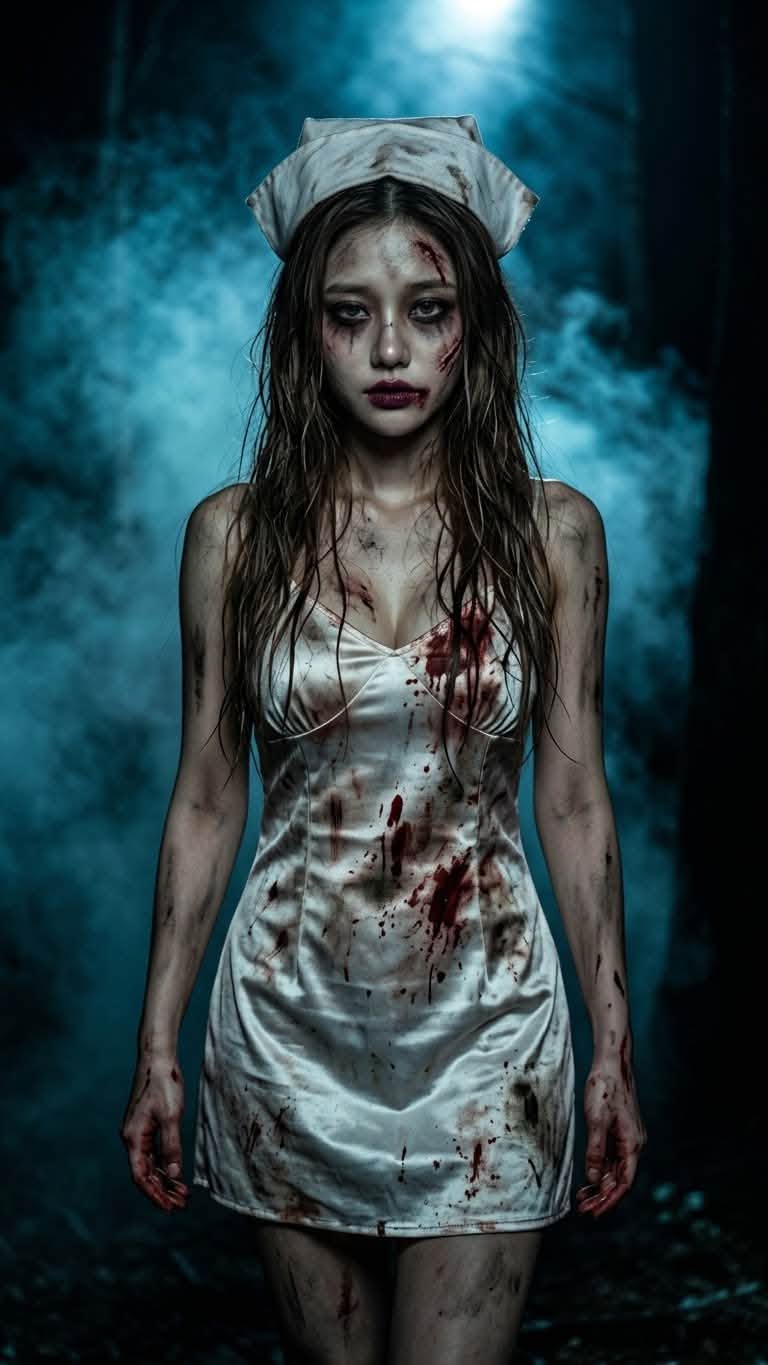 Mẫu ảnh AI Tạo Ảnh Y Tá Zombie Kinh Dị – Concept Halloween Siêu Chân Thực - Chân dung nữ