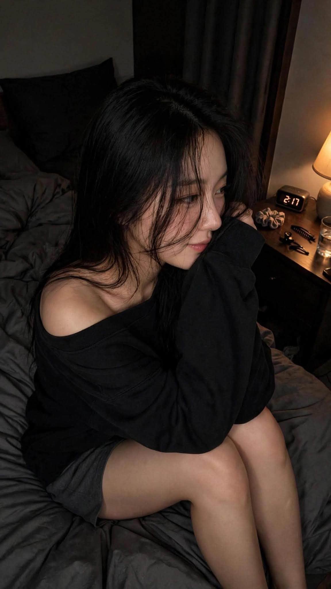 Mẫu ảnh AI Tạo Ảnh AI Cô Gái Trong Phòng Ngủ – Chân Dung Đời Thường Ánh Sáng Đêm - Chân dung nữ