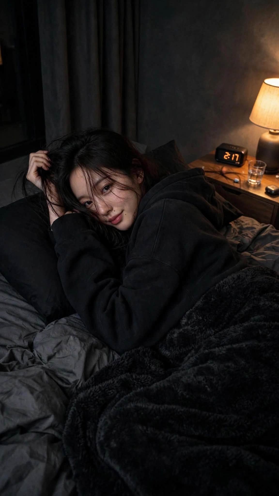 Mẫu ảnh AI Tạo Ảnh Cô Gái Nằm Trên Giường Ban Đêm – Phong Cách Cozy Aesthetic - Nàng Thơ