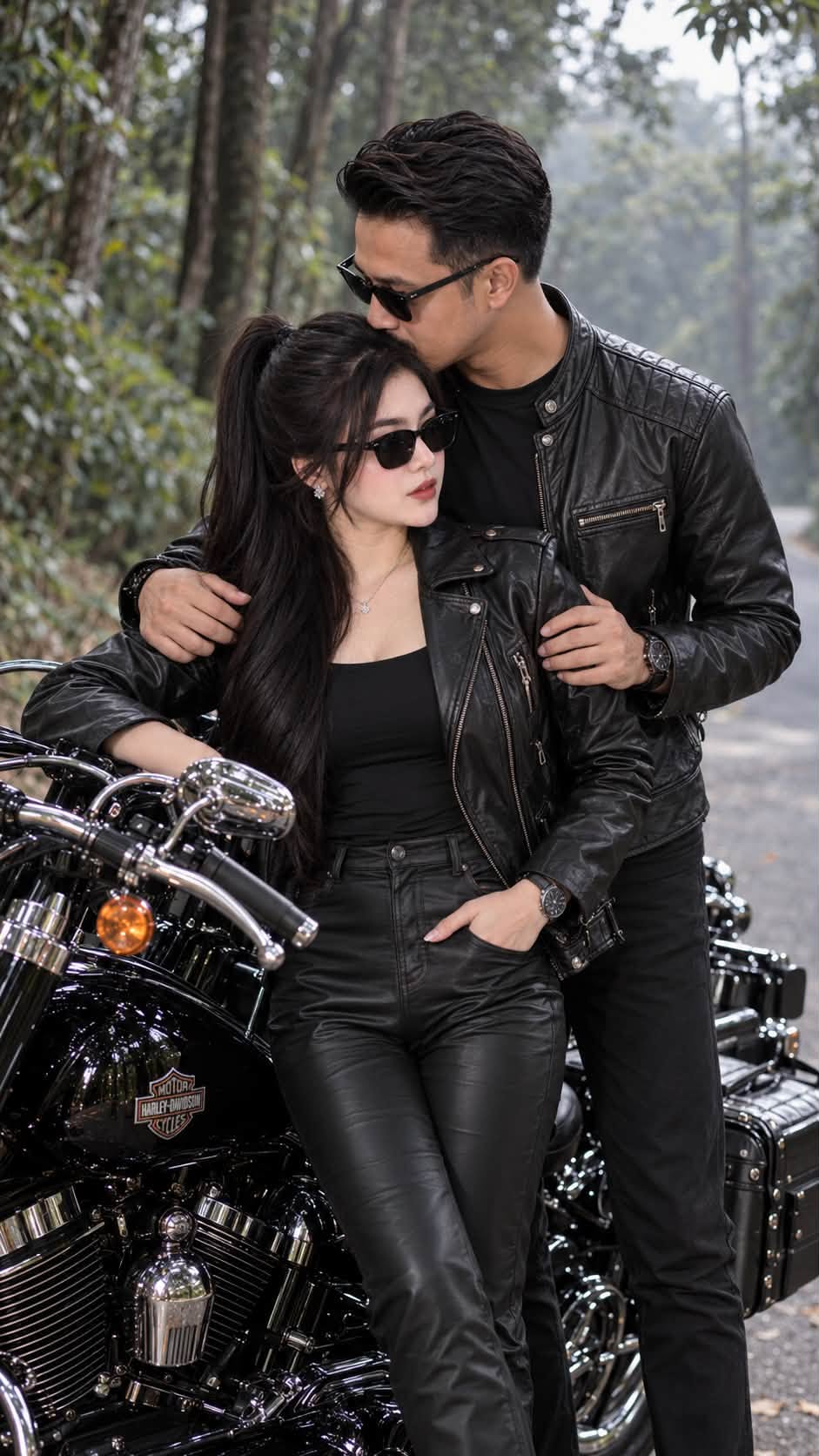 Mẫu ảnh AI Tạo Ảnh Cặp Đôi Áo Da Cưỡi Mô Tô – Phong Cách Biker Couple Cá Tính - Cặp đôi