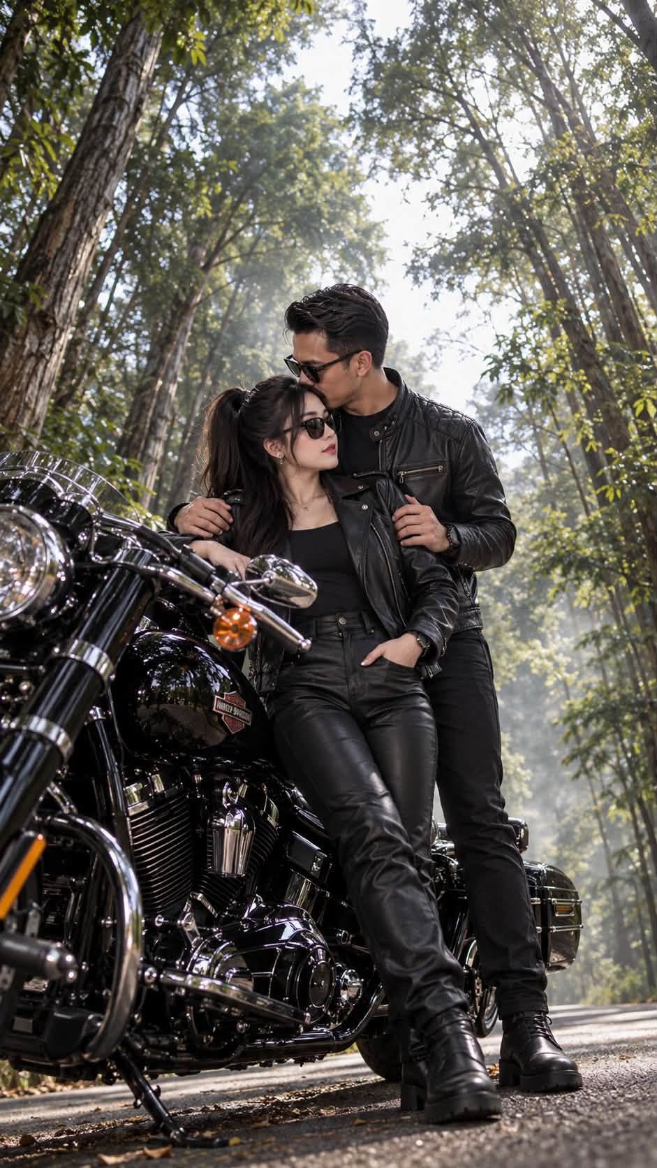 Mẫu ảnh AI Tạo Ảnh AI Cặp Đôi Lái Xe Máy – Couple Áo Da Giữa Rừng - Cặp đôi